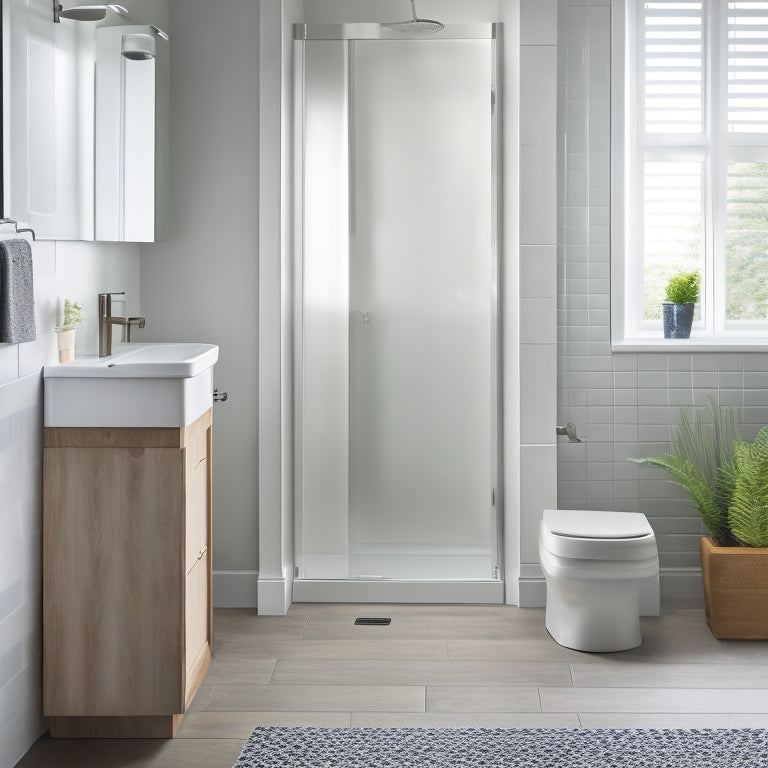 A serene, minimalist bathroom with a wall-mounted cabinet, a pedestal sink, and a compact toilet; a sleek, sliding-glass shower door, and a woven storage basket beneath the sink.