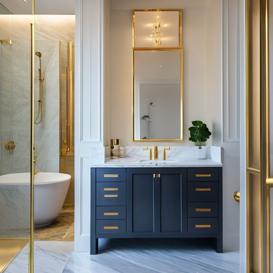 A sleek, modern bathroom with a hidden storage cabinet behind a mirrored wall, adorned with gold fixtures, a freestanding tub, and a rainfall showerhead amidst a calming, marble-clad ambiance.