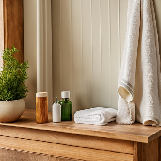 A beautifully styled wood bathroom shelf with rolled towels, lush greenery, and a few decorative vases, set against a soft, creamy background with natural light pouring in.