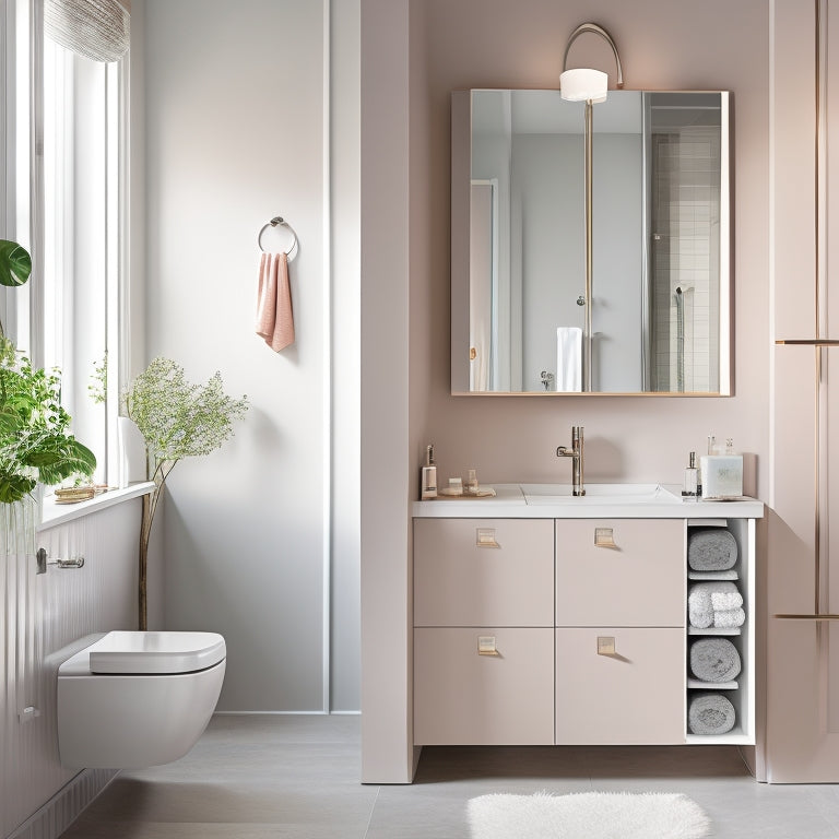 A sleek, modern bathroom featuring slimline cabinets in soft pastel colors, maximizing vertical space. Mirrors reflect natural light, and minimalistic decor enhances the spacious feel, showcasing organized toiletries and elegant storage solutions.