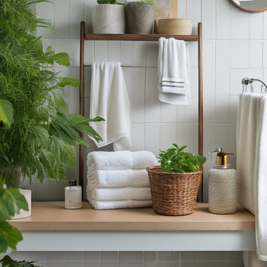 A tidy, modern bathroom countertop with repurposed IKEA shelves and baskets, adorned with lush greenery, holding rolled towels, small decorative accessories, and a few neatly arranged toiletries.