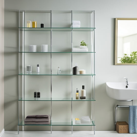 A sleek, modern bathroom with a large, wall-mounted, rectangular chrome shelving unit featuring three tiers of glass shelves, surrounded by minimalist fixtures and a neutral-colored background.