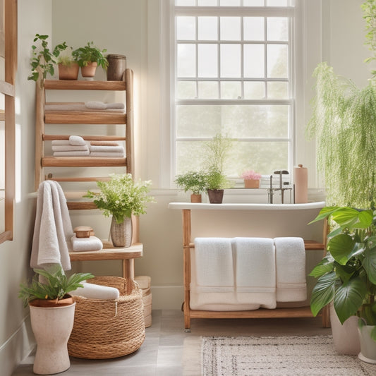 A chic bathroom featuring a sleek wooden ladder shelf adorned with neatly arranged towels, potted plants, and decorative baskets, set against a soft pastel wall and illuminated by natural light streaming through a window.