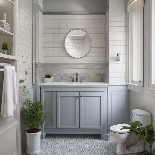 A serene bathroom with a wall-mounted corner sink, a recessed medicine cabinet, and a curved corner shelf holding a few rolled towels, surrounded by calming gray and white tiles.