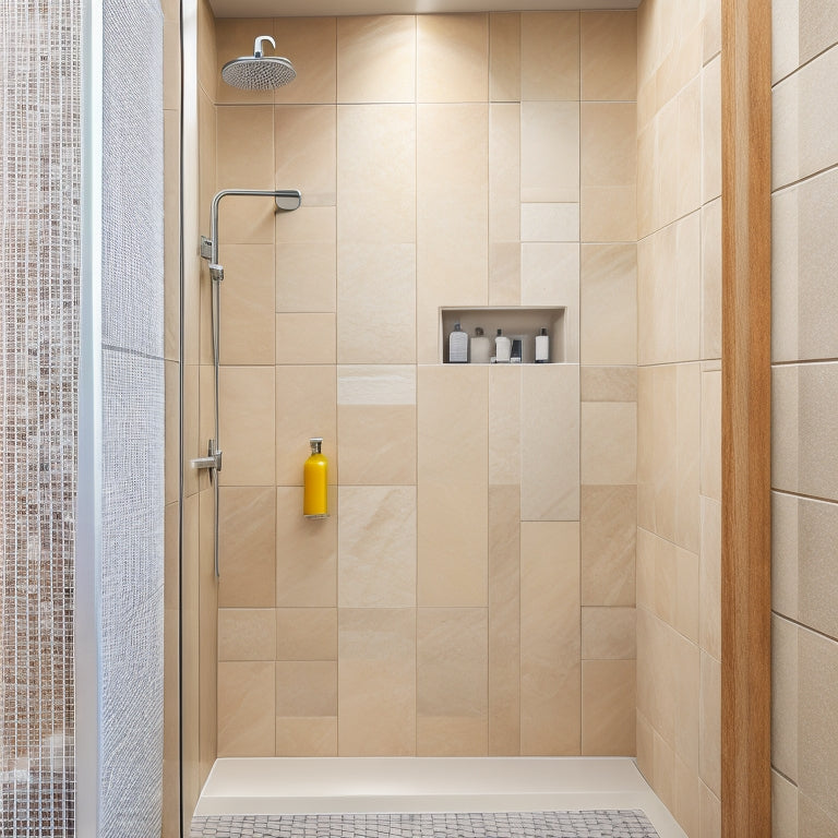 A shower niche with a sleek, modern design, featuring a rectangular template with clean lines, a chrome showerhead, and a few decorative tiles, set against a warm, beige-colored shower wall.