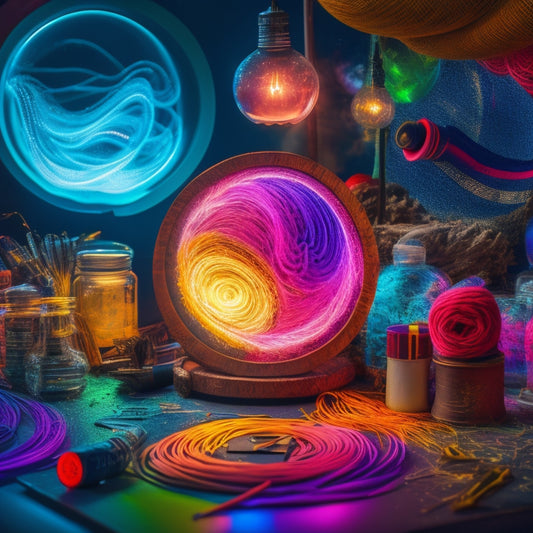 A vibrant, swirling vortex of colorful threads and curves, radiating from a central point, with glowing light bulbs and sparks erupting from the connections, surrounded by scattered artistic tools and inspirational objects.