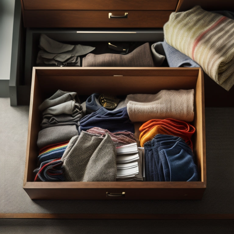 A messy drawer cluttered with tangled belts, crumpled socks, and scattered change, contrasted with an organized drawer featuring neatly folded clothes, stacked boxes, and a single, sleek watch.