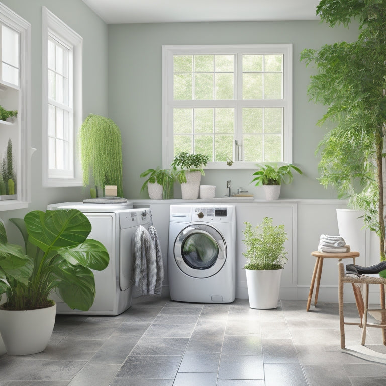 A bright, modern laundry room with white cabinets, a stainless steel washer and dryer, and a large, marble-topped folding table against a soft gray wall, surrounded by lush green plants.