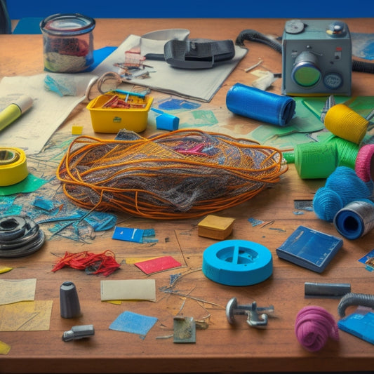 A cluttered desk with a tangled mess of wires, loose screws, and scattered toy parts, surrounded by crumpled instruction manuals and torn packaging, with a single, solitary Argos instruction booklet lying open, abandoned.