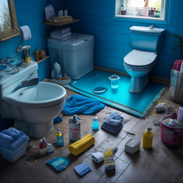 A flooded bathroom with a toilet in the center, surrounded by scattered personal hygiene items and debris, with a first-aid kit and a flashlight on the counter, and a faint outline of a checklist on the wall.