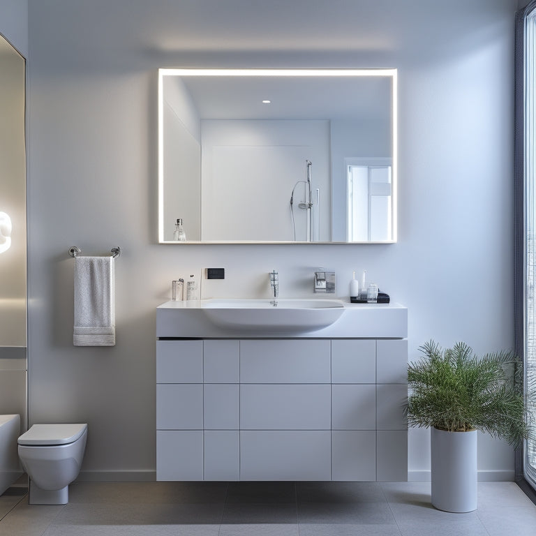 A sleek, modern bathroom with a wall-mounted vanity featuring a rectangular sink, chrome faucet, and ambient LED lighting, surrounded by a minimalist mirror and crisp white walls.