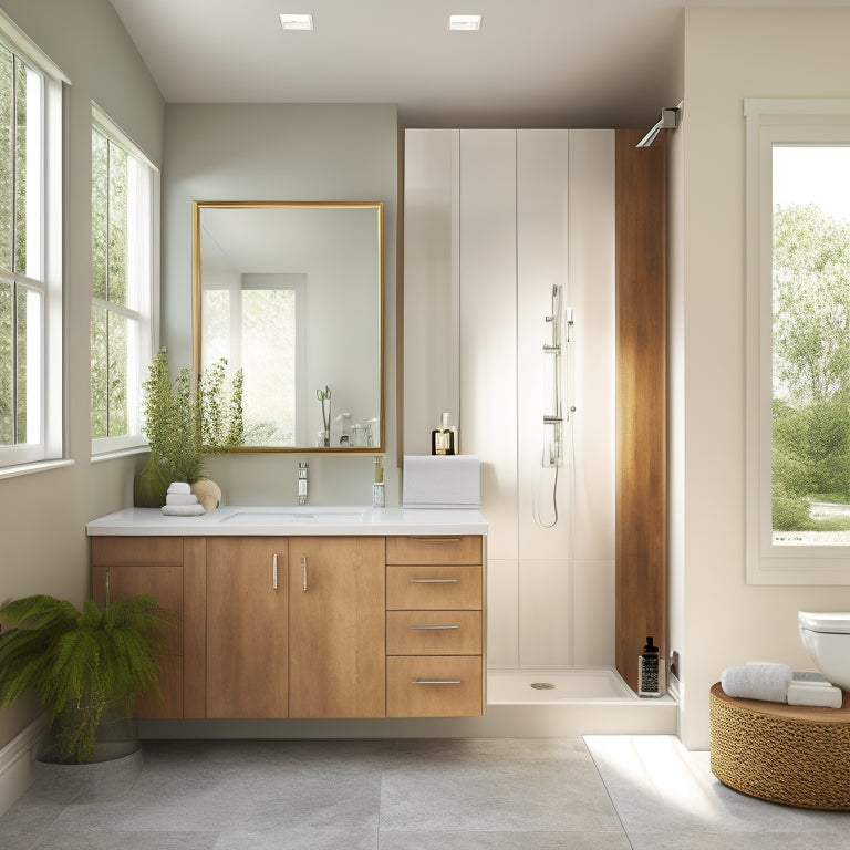 A serene, modern bathroom with a wall-mounted cabinet featuring sliding glass doors, a recessed medicine cabinet with a mirrored front, and a pedestal sink with a hidden storage compartment.