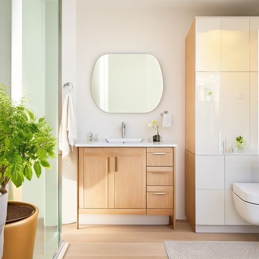 A serene, modern bathroom with a sleek, minimalist countertop in a soft, creamy white hue, featuring a hidden storage compartment with a subtle, sliding door and a few, carefully-placed toiletries.