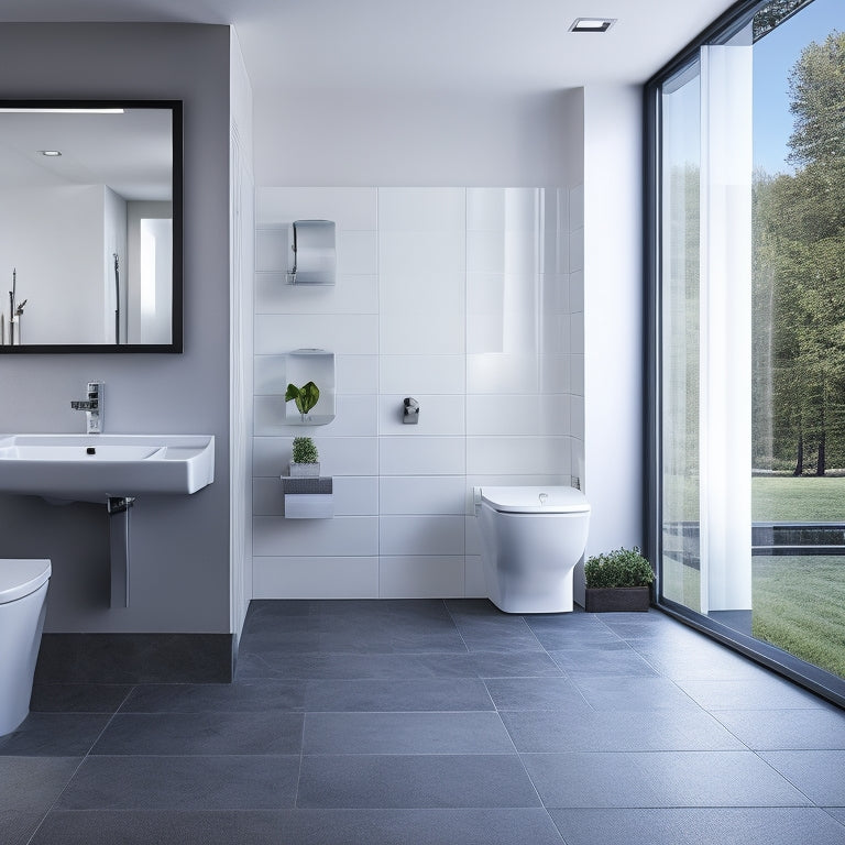 A sleek, modern bathroom with a wall-hung toilet, minimalist sink, and large format tiles, featuring Geberit ONE Series' sleek, compact, and wall-mounted fixtures in a chromed finish.