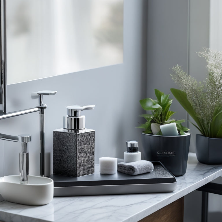 A sleek, modern bathroom countertops with a stainless steel ApolloBox tray centered, adorned with neatly arranged toiletries, including a soap dispenser, toothbrush holder, and small decorative plants.