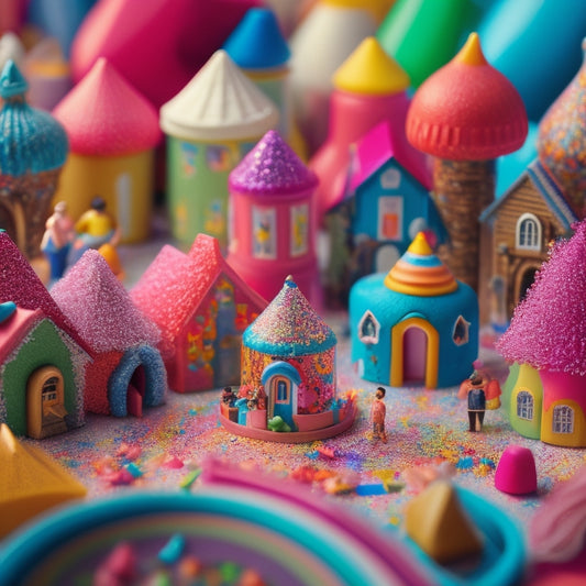 A whimsical illustration of a miniature village with tiny people, surrounded by oversized crayons, paintbrushes, and colorful confetti, amidst a backdrop of swirling, vibrant colors and abstract shapes.