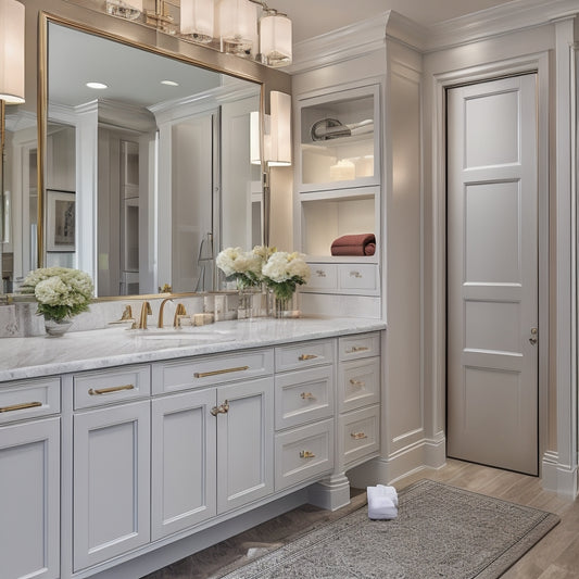 A luxurious bathroom with a double-sink vanity featuring built-in organizers, including a pull-out drawer, cabinet doors with soft-close hinges, and a recessed storage area behind a mirrored door.