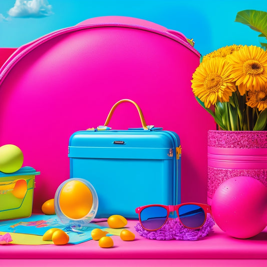 A colorful and vibrant illustration depicting a tidy room with a open suitcase, beach balls, sunglasses, and a calendar with spring break dates marked in bright pink, surrounded by blooming flowers.