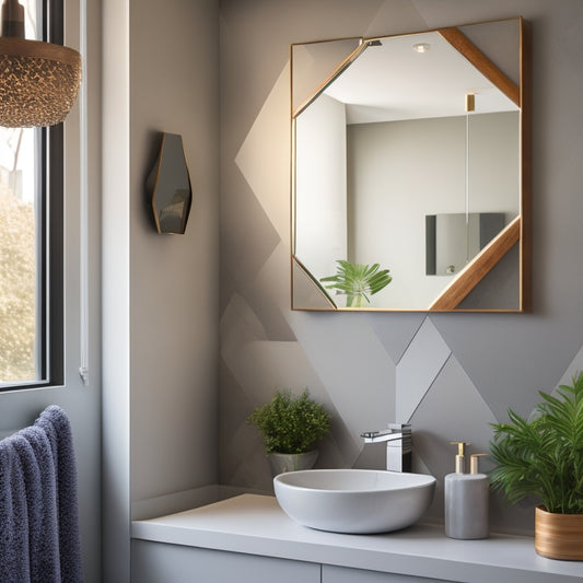 A sleek, modern bathroom with a statement mirror, surrounded by a mix of framed artworks, geometric patterns, and organic shapes, set against a calming gray and white color palette.