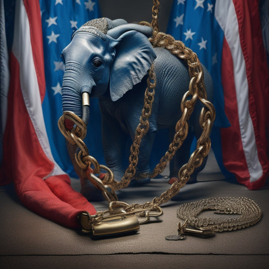 An illustration of a chastity belt, adorned with American flags and GOP elephant logos, locked with a giant key labeled "2024," surrounded by broken chains and shattered glass.