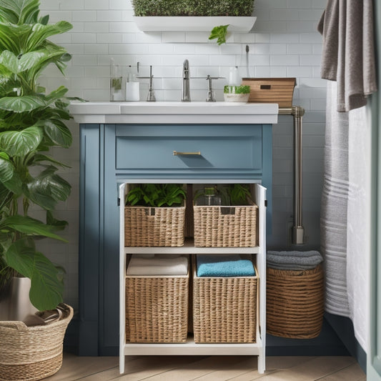 A stylish under-sink cabinet with organized storage, showcasing labeled baskets, cleaning supplies, and a small potted plant. Soft lighting illuminates the space, highlighting the cabinet's sleek design and maximizing the area's functionality.
