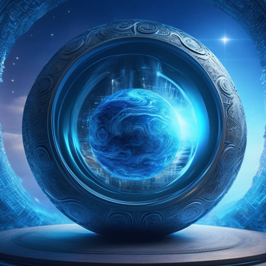 A futuristic, spherical portal with glowing blue circuits and shimmering silver edges, surrounded by swirling clouds of knowledge represented by rolling scrolls, open books, and glowing orbs.