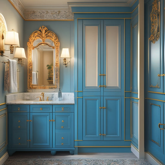 A stylized illustration of a modern bathroom with three wall-mounted cabinets in different styles: a recessed cabinet with a mirror door, a flat cabinet with a frosted glass front, and a decorative cabinet with ornate carvings.