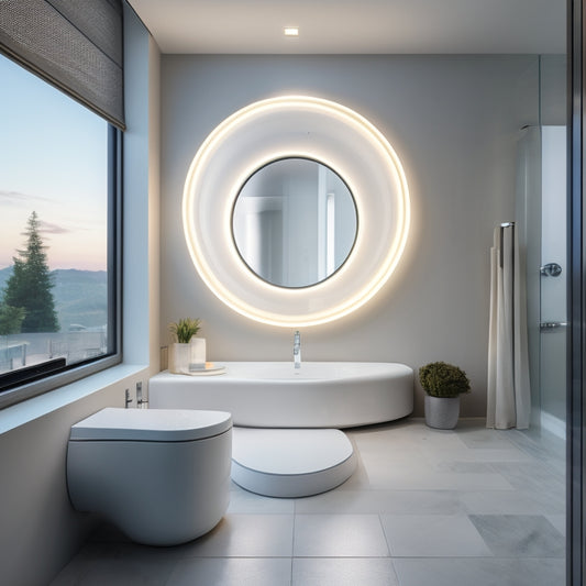 A sleek, modern bathroom with a large, circular, high-tech scale in the center, surrounded by minimalist decor, with a subtle glow emanating from the device's touchscreen interface.