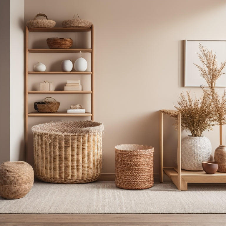 A warmly lit, minimalist room with a neutral-colored background, featuring a mix of modern storage units, woven baskets, and decorative accents in earthy tones, arranged artfully on a wooden floor.