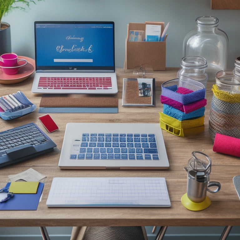 A colorful, organized desk scene with a laptop, notebooks, and folders, featuring various instant printable labels on jars, binders, and files, with a subtle background of a natural wood texture.