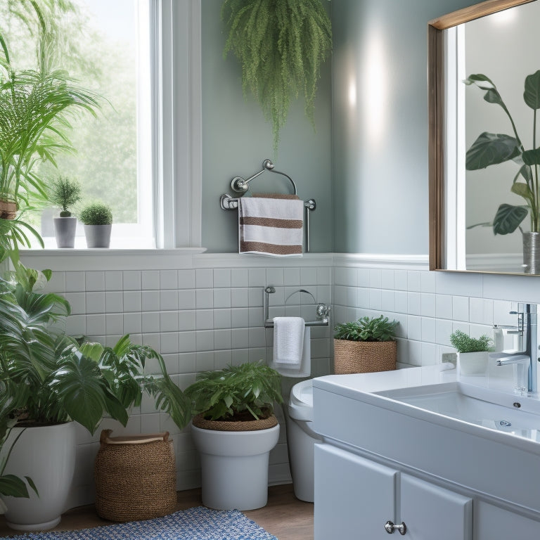 A serene, spotless bathroom with a gleaming white sink, faucet, and toilet, surrounded by lush green plants and a few rolled-up towels, with a subtle sparkle effect on the mirror.