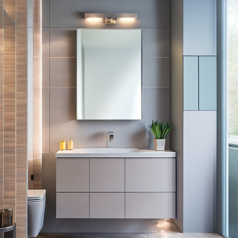 A sleek, modern bathroom with a wall-mounted cabinet featuring soft-close drawers, a built-in LED mirror, and a minimalist floating vanity, surrounded by a calming gray and white color scheme.