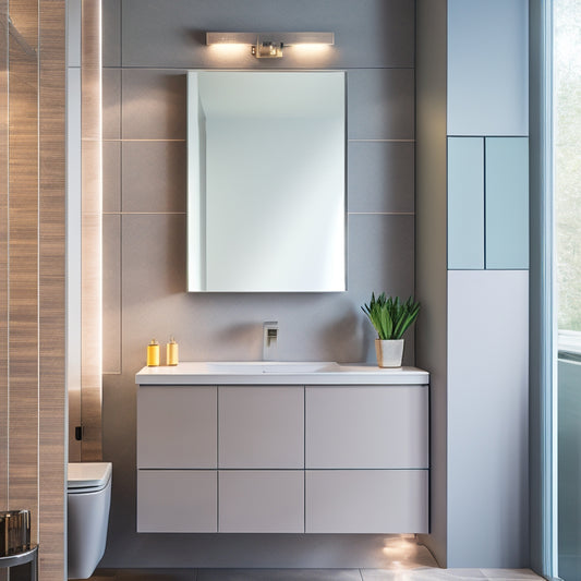 A sleek, modern bathroom with a wall-mounted cabinet featuring soft-close drawers, a built-in LED mirror, and a minimalist floating vanity, surrounded by a calming gray and white color scheme.