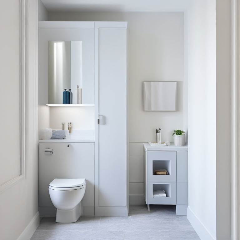 A minimalist bathroom with a toilet against a light-gray wall, featuring a sleek, white storage cabinet above the toilet with two open shelves and a closed cabinet door.