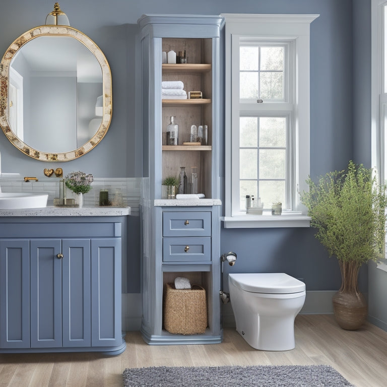 A beautifully styled bathroom with a wall-mounted, ladder-like shelving unit, a pedestal sink with built-in storage, and a mirror with a hidden cabinet behind it.