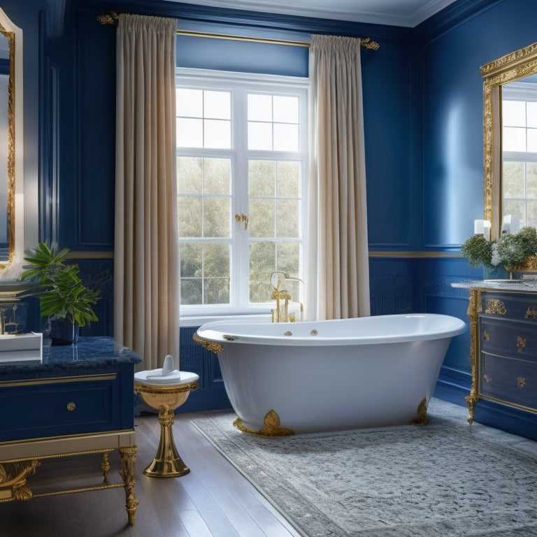 A luxurious bathroom with dark blue walls, white marble countertops, and gold fixtures, featuring a freestanding tub beneath a large window with flowing white curtains.