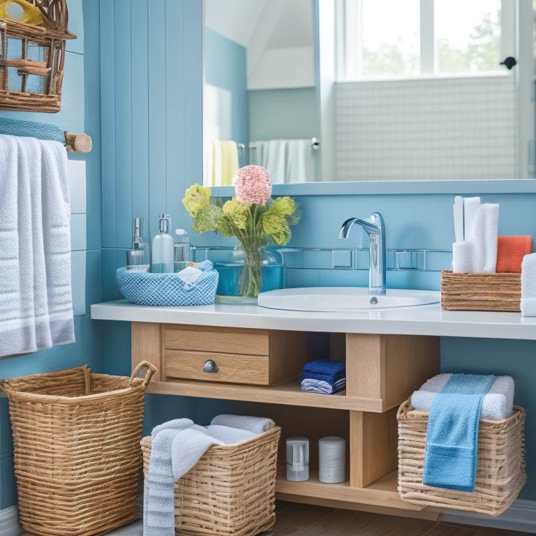 A clutter-free bathroom counter with a few strategically placed baskets, a soap dispenser with a built-in toothbrush holder, and a hanging organizer behind the door with rolled towels and a few kid-friendly toiletries.