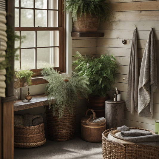 A cozy rustic bathroom featuring reclaimed wood shelves, vintage wicker baskets, and potted greenery, with soft natural light streaming through a frosted window, creating a warm and inviting atmosphere.