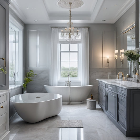 A luxurious bathroom with a freestanding tub, surrounded by marble countertops, a rainfall showerhead, and a large mirror with LED lights, set against a calming gray and white color scheme.