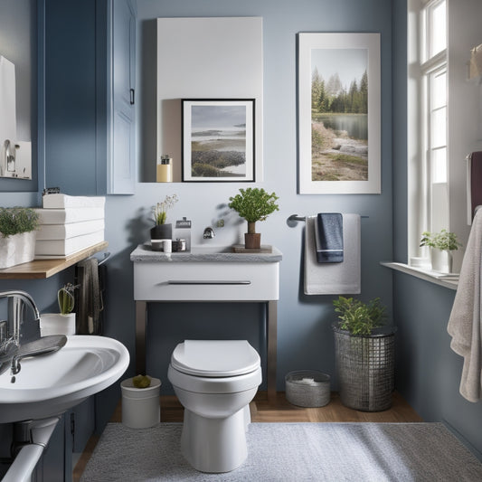 A tidy, modern bathroom with a laptop and a workbook open on a countertop, surrounded by design inspiration boards, paint swatches, and a few scattered bathroom fixtures and decor items.