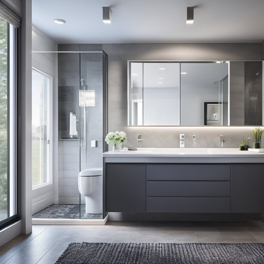Generate an image of a sleek, modern bathroom with a freestanding tub, surrounded by floor-to-ceiling cabinets with chrome hardware, and a floating vanity with hidden drawers and LED lighting.