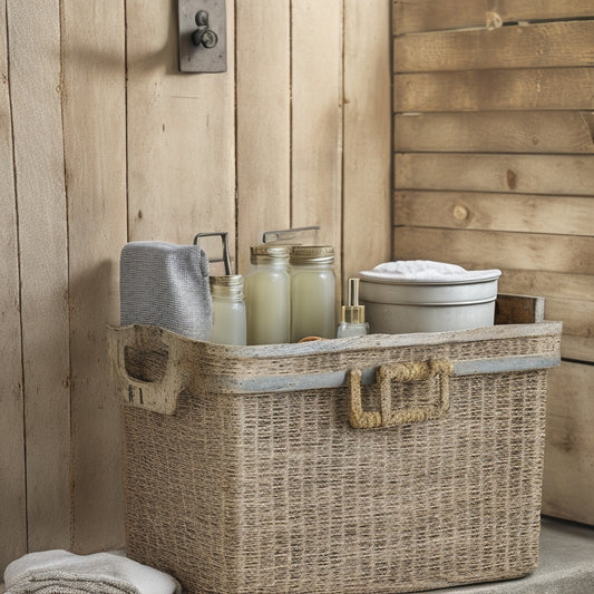 A distressed wooden crate with metal bands and rusty hardware sits atop a vintage metal utility cart, holding mason jars, woven baskets, and apothecary-style containers amidst a worn, gray-stone bathroom backdrop.