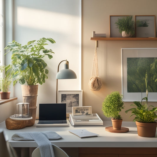 A serene, clutter-free workspace with a neatly organized desk, a few thriving plants, and a minimalist calendar on the wall, illuminated by soft, natural light.