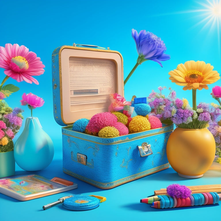 A vibrant, whimsical illustration of a treasure chest overflowing with colorful pencils, tablets, and laptops, surrounded by blooming flowers and floating lightbulbs, set against a bright blue sky.