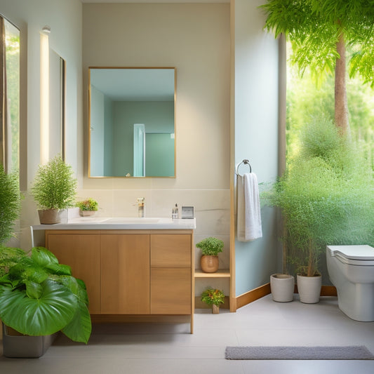 A serene, minimalist bathroom with a wall-mounted sink, a sleek toilet, and a spacious shower area, surrounded by abundant greenery and soft, warm lighting, with a few carefully placed decorative accents.
