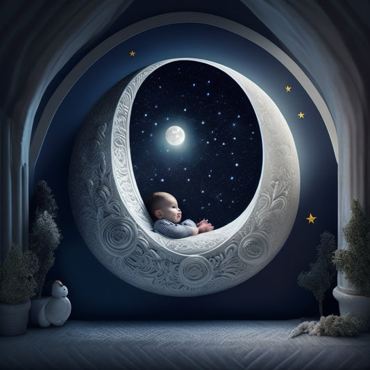 A serene, minimalist illustration featuring a gentle, crescent moon shining down on a child sleeping peacefully in a crib, surrounded by subtle, swirling patterns of encrypted code.