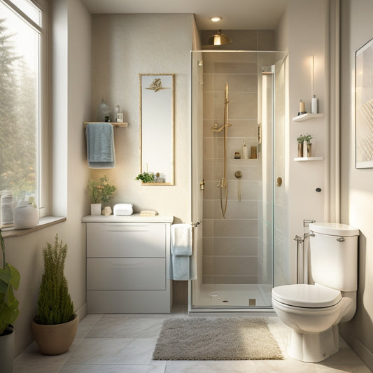 A serene, modern corner bathroom with a wall-mounted sink, a curved glass shower enclosure, and a recessed medicine cabinet above a compact toilet, surrounded by soft, creamy tiles and warm ambient lighting.