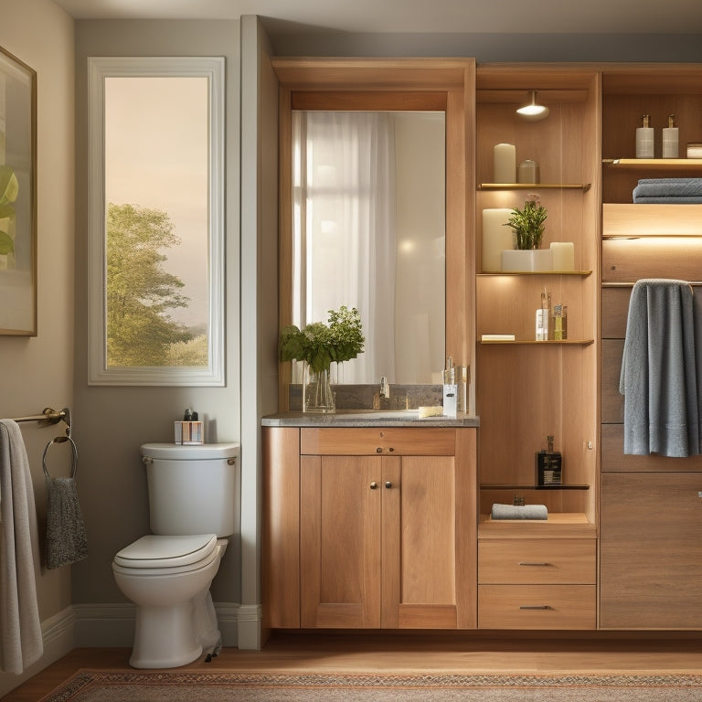 A serene, well-lit bathroom with a large, wall-mounted shelf in a warm wood tone, holding a few neatly arranged toiletries, and a matching floor-to-ceiling cabinet with a mirrored door.