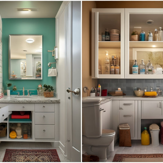 A before-and-after split-screen image: a cluttered bathroom with medications on the counter, then the same space with a sleek, recessed medicine cabinet with mirrored door and soft-close shelves.