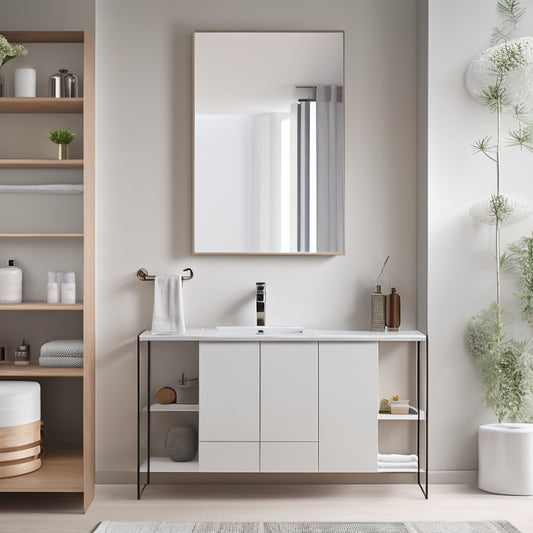 A sleek, modern bathroom scene featuring wall-mounted shelves, a compact vanity with integrated storage, a foldable mirror, and multi-purpose organizers, all designed with minimalist aesthetics and neutral tones for an efficient, space-saving environment.
